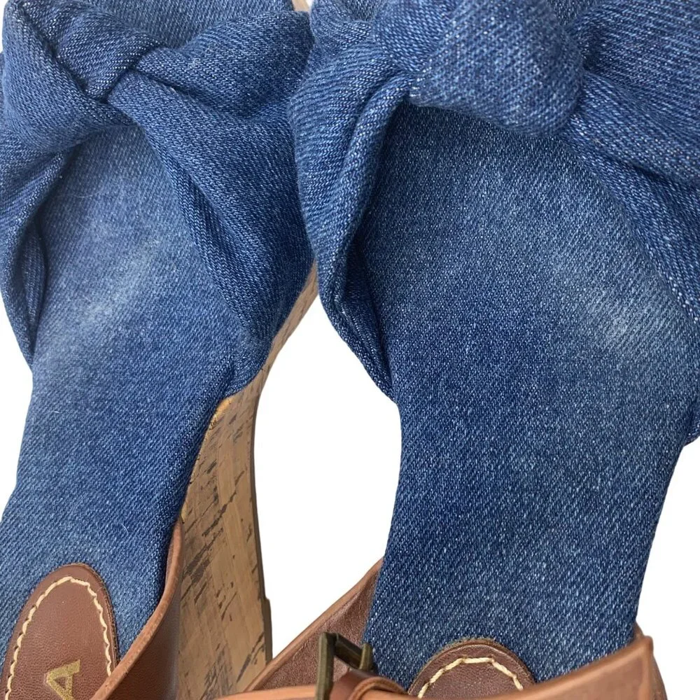 MIA Blue Denim Knot Espadrille Wedge Sandals Cork Size 8.5 Open Toe